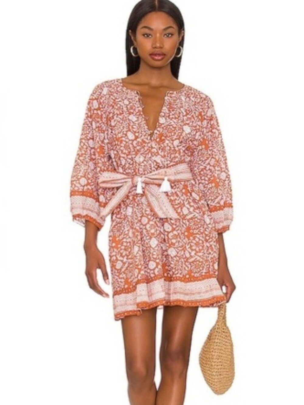 Cleobella Rust and White Floral Swim Cover-Up Tunic with Belt